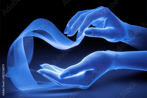 Wallpaper Mural Pair of glowing blue hands gracefully hold translucent ribbon, creating sense of elegance and mystery against dark background. ethereal light adds futuristic touch Torontodigital.ca