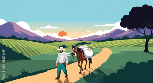 A farmer walks a horse carrying sacks of grain on a path through a scenic agricultural landscape at sunset or sunrise.