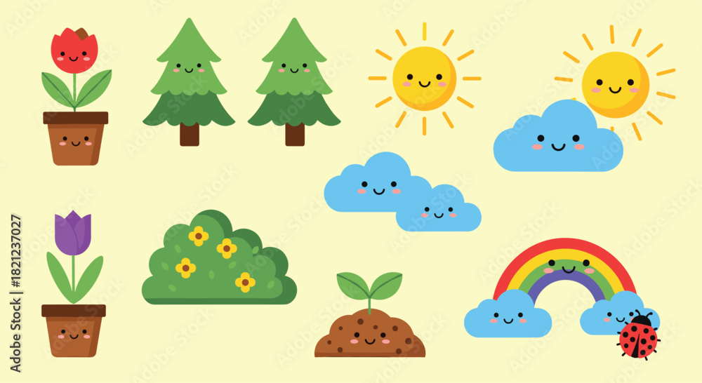Fototapeta premium Cheerful cartoon nature scene with flowers, trees, sun, clouds, rainbow, ladybug, and plants in a cute and colorful design.