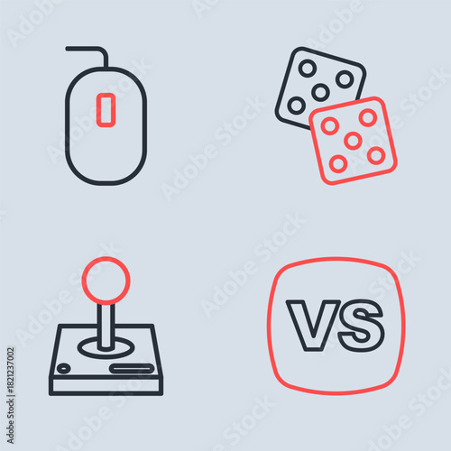 Set line Game dice, Joystick for arcade machine, VS Versus battle and Computer mouse icon. Vector