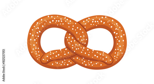 A cartoon pretzel is shaped in a classic knot and covered in salt crystals, a popular baked snack food item on a white background.