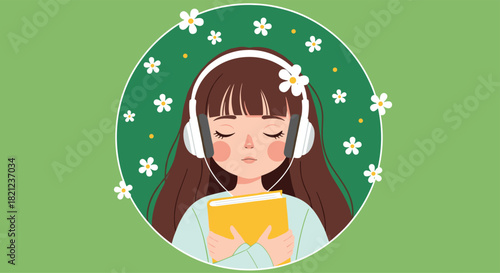 Girl with headphones and a book in a floral green circle listening to music and reading in nature, relaxing with a calming experience.