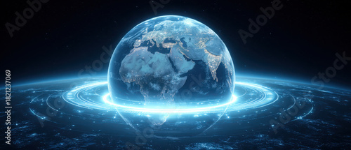 Wallpaper Mural Glowing digital representation of Earth surrounded by futuristic rings, symbolizing global connectivity and technology. image conveys sense of innovation and interconnectedness Torontodigital.ca