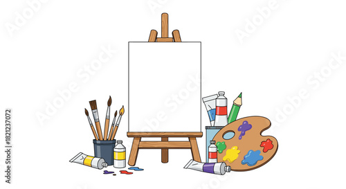 An artistic arrangement showcases an easel, canvas, paintbrushes, paints, palette, and other art supplies, representing the joy of creative expression.