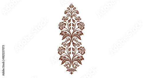 Elegant brown floral ornament in a symmetrical, teardrop shape, featuring detailed flowers, leaves, and stems, suitable for decorative applications.