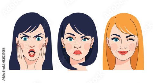 Three women showing different emotions: surprised, angry, and happy-winking, expressing a range of feelings and reactions.