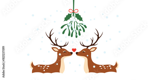 Charming Christmas illustration featuring two deer nose-to-nose under mistletoe, creating a festive and romantic holiday season moment.