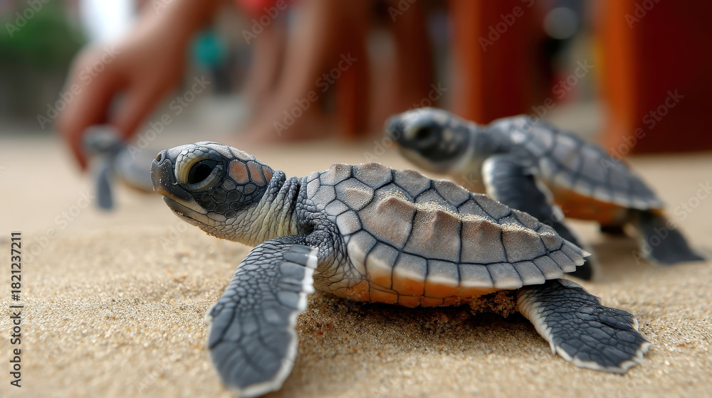 custom made wallpaper toronto digitalBaby sea turtles crawl on sandy beach towards ocean, guided by human hand. scene captures delicate and hopeful journey of these hatchlings as they embark on their first adventure