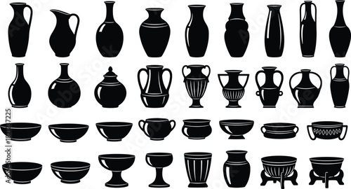 Ancient Greek Pottery Ceramic Silhouette Collection, Traditional Antique Amphora Vases, Historic Urn Pitchers, Roman Bowls, Old Classical Artware Isolated Set.