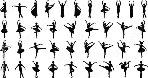 Ballerina Silhouette Vector Set Collection of Elegant Ballet Dancer Poses and Dynamic Jumps Black Female Figure Icon Logo Design Element Isolated on White Background for Dance Art Studio Poster.