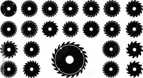 Black Silhouette Circular Saw Blades Vector Illustration Set for Woodworking and Metal Cutting Tools Industrial Equipment Collection and Workshop Graphic Elements.