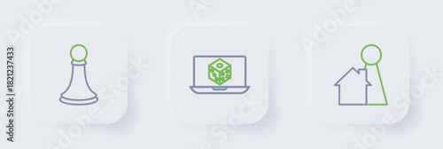 Set line Chip for board game, Game dice and Chess pawn icon. Vector