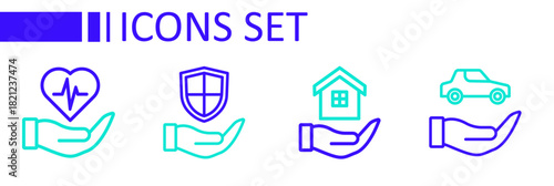 Set line Car insurance, House hand, Shield and Life icon. Vector