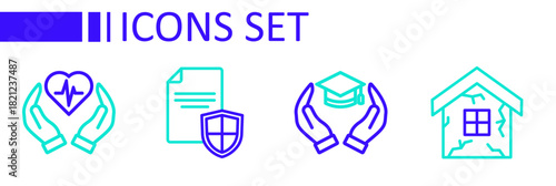 Set line House, Education grant, Contract with shield and Life insurance icon. Vector