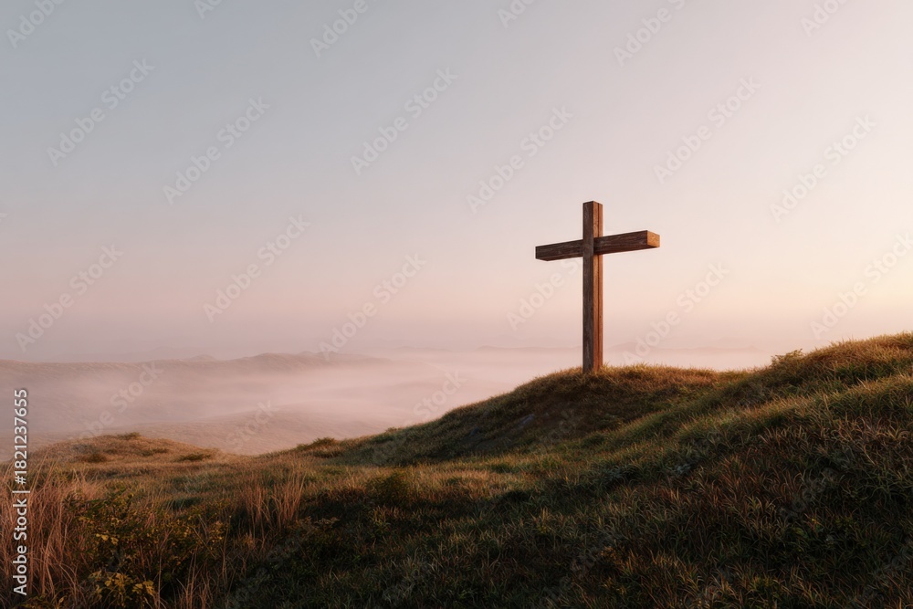Naklejka premium Wooden cross on misty hilltop at sunrise in serene landscape