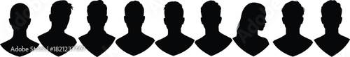 Human profile silhouettes, diverse hairstyles, black bust icons, avatar design elements, identity concept, character modeling, minimal style, vector illustration