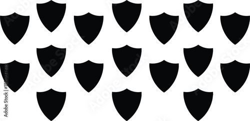 Black Silhouette Set of Simple Medieval Shields in Various Positions Arranged in a Pattern Isolated on White Background Security Defense Protection Heraldry Vector Illustration for Stock.
