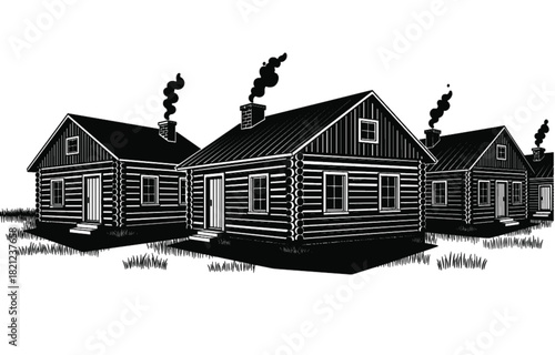 Black and White Vector Illustration of Rustic Wood Log Cabins with Smoking Chimneys, Set in a Grass Field, Ideal for Vintage Wilderness, Village Life, or Traditional Architecture Designs.
