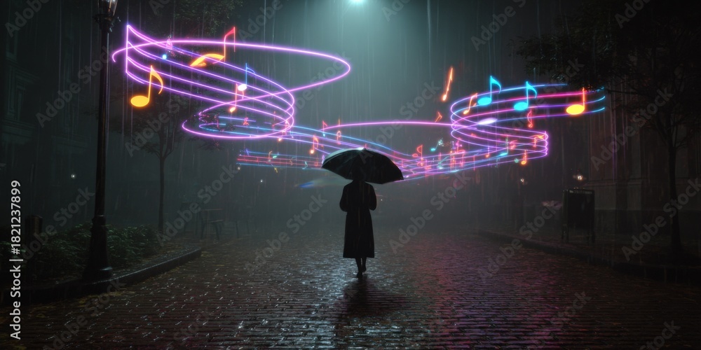Naklejka premium Silhouette of person with umbrella and neon musical notes on rainy night street
