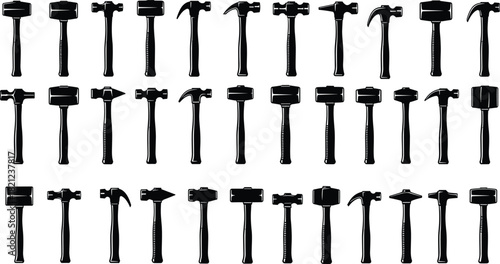 Collection of diverse hammer silhouettes arranged in rows, showcasing different tool shapes for construction, DIY, hardware design, and industrial equipment illustration use in graphics