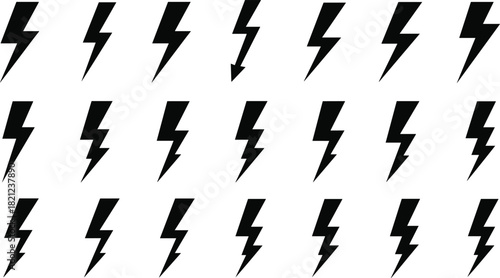 Collection of Lightning Bolt Silhouette Icons, Electric Thunder Storm Symbols, Energy, Power, Danger, Warning, and Electricity Flash Signs, Weather Elements, and Design Vector Illustrations Set.