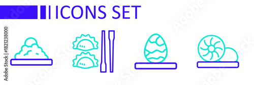 Set line Xiao long bao, Chinese tea egg, Dumpling with chopsticks and Rice bowl icon. Vector
