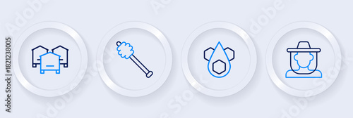 Set line Beekeeper with protect hat, Honeycomb, dipper stick and Hive for bees icon. Vector