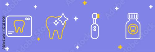 Set line Toothache painkiller tablet, Electric toothbrush, whitening and X-ray of icon. Vector