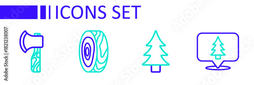 Set line Location of the forest, Tree, rings and Wooden axe icon. Vector