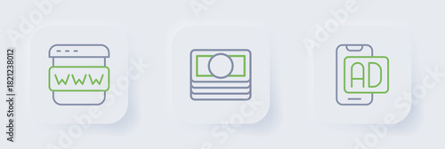 Set line Advertising, Stacks paper money cash and Browser window icon. Vector