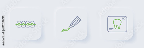 Set line X-ray of tooth, Tube toothpaste and Teeth with braces icon. Vector