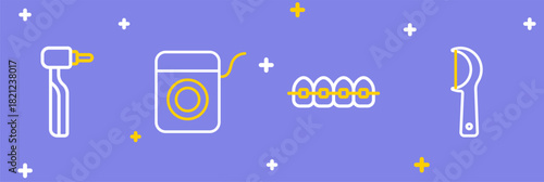Set line Dental floss, Teeth with braces, and Tooth drill icon. Vector