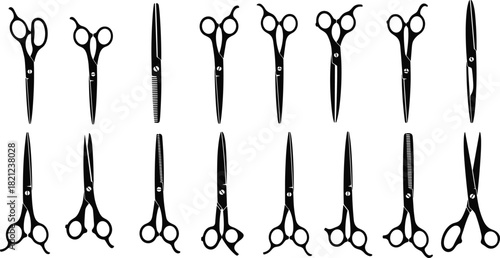 Collection of professional haircutting scissors and barbers shears vector silhouette for hair stylist and hairdressing salon equipment, black and white icon set, diverse tools for precise cutting.