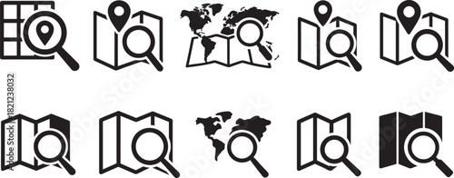 Silhouette map search icon set featuring maps, magnifiers, routes, and location finder symbols.