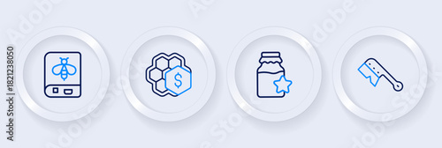 Set line Beekeeping brush, Jar of honey, Sale honeycomb and Book about bee icon. Vector
