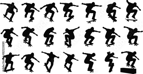 Collection of skateboarder silhouettes, dynamic skating tricks, street sport action poses, vector skateboarding icons for extreme sports graphics, urban design projects, motion artwork, and creative 