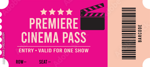 A vibrant pink premiere cinema pass with a film reel graphic and barcode suggesting movie access