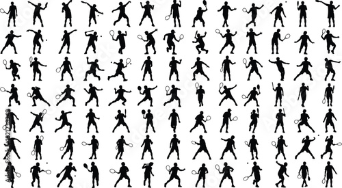Collection of tennis player silhouettes, dynamic athlete poses, sports action vectors, racket movement icons for fitness graphics, training illustrations, competitive activity artwork, 