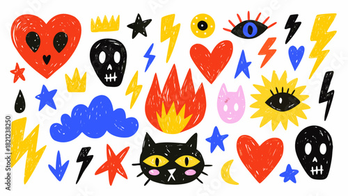 Punk cartoon doodle sticker collection with pencil rough texture. Hand drawn colorful vector tattoo illustrations. Funky black cats, rock'n'roll skulls, mystical eyes.