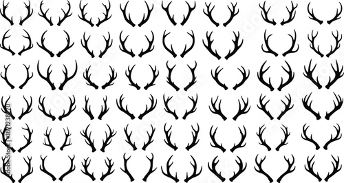 Deer Stag Horns Antlers Icon Pattern Repeating Set Collection Vector Silhouette Illustration Wildlife Hunting Nature Animal Design Element Forest Spirit Black White Isolated Vintage Rustic.