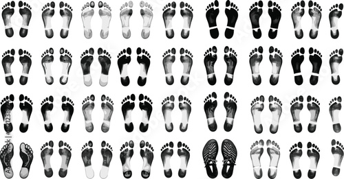 Detailed Collection of Human Footprints and Barefoot Imprints, Wet Foot Soles, Shoe Prints, Track Marks, Anatomy, Podiatry, Medical Examination, and Forensic Science Vector Graphics Set.
