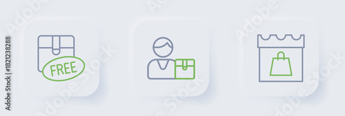 Set line Shopping day, Buyer and Cardboard box with free symbol icon. Vector