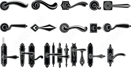 Diverse Collection of Vintage Door Handles and Lever Silhouettes Vector Icons, Including Antique Knob and Escutcheon Plate Shapes Set, Ideal for Interior Design, Restoration, 