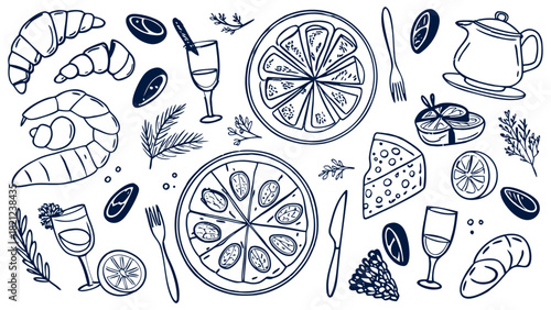 Vintage hand-drawn French bistro food illustration, with croissants, baguettes, cheese platters, wine glasses, escargot, and a pot of mussels.