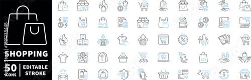 Shopping icons set. editable line icons, outline, retail and e-commerce symbols