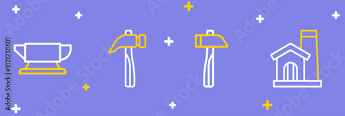 Set line Smithy workshop interior, Hammer, and Blacksmith anvil tool icon. Vector