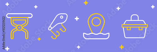 Set line Case or box for fishing equipment, Location, Fishing lure and Camping folding chair icon. Vector