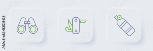 Set line Aqualung, Swiss army knife and Binoculars icon. Vector
