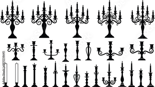 Elegant vintage candelabra silhouettes, classic candle holder collection, ornate antique candlesticks, decorative vector set for design, wedding decor, interior illustration, black isolated elements