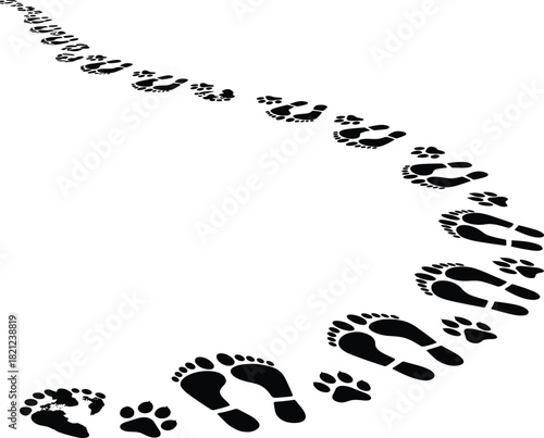 Footprint and Paw Print Trail Path Graphic Design, Symbolizing Companion Journey, Life's Walk Together, Following Steps, Pet Love, Trust, and Adventure Vector Illustration 